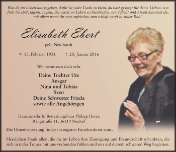 Traueranzeige von Elisabeth Ebert 