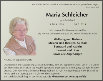 Traueranzeige von Maria Schleicher 