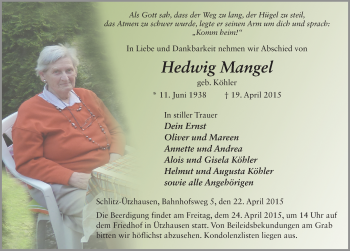 Traueranzeige von Hedwig Mangel 