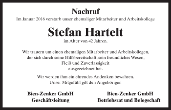 Traueranzeige von Stefan Hartelt 