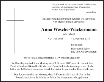 Traueranzeige von Anna Wesche-Wackermann 