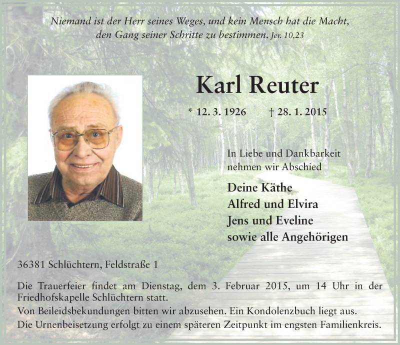  Traueranzeige für Karl Reuter vom 31.01.2015 aus 