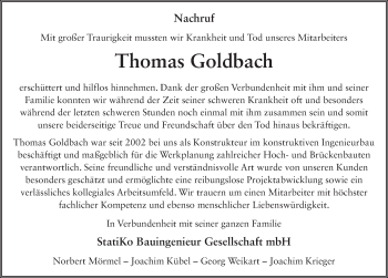 Traueranzeige von Thomas Goldbach 