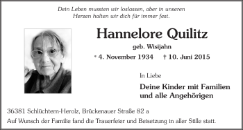Traueranzeige von Hannelore Quilitz 