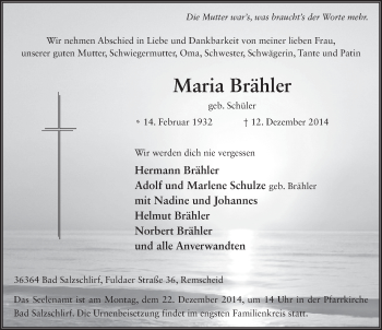 Traueranzeige von Maria Brähler 