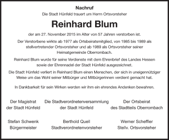 Traueranzeige von Reinhard Blum 