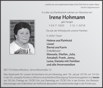 Traueranzeige von Irene Hohmann 