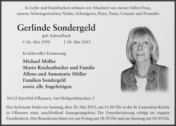 Traueranzeige von Gerlinde Sondergeld 