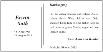 Traueranzeige von Erwin Auth 