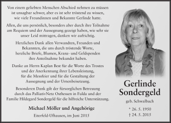Traueranzeige von Gerlinde Sondergeld 