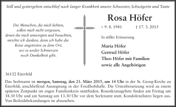 Traueranzeige von Rosa Höfer 