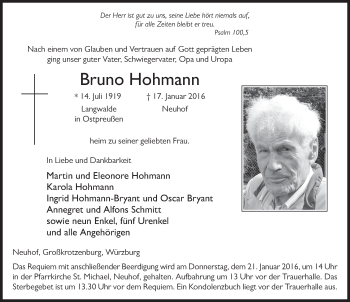 Traueranzeige von Bruno Hohmann 
