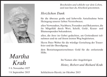 Traueranzeige von Martha Krah 