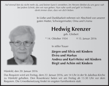 Traueranzeige von Hedwig Krenzer 