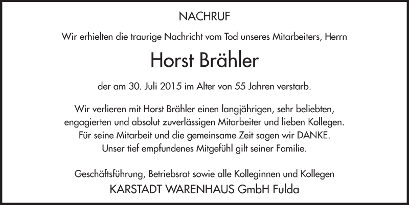  Traueranzeige für Horst Brähler vom 04.08.2015 aus 