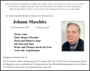 Traueranzeige von Johann Maschitz 