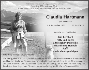 Traueranzeige von Claudia Hartmann 