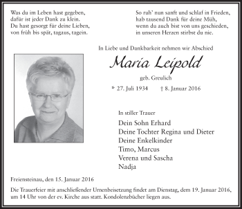 Traueranzeige von Maria Leipold 