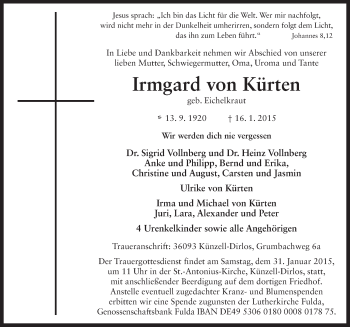 Traueranzeige von Irmgard  von Kürten 