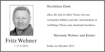 Traueranzeige von Fritz Wehner 
