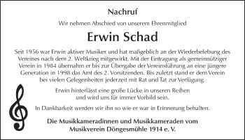 Traueranzeige von Erwin Schad 
