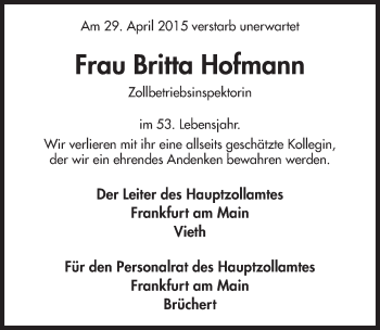 Traueranzeige von Britta Hofmann 