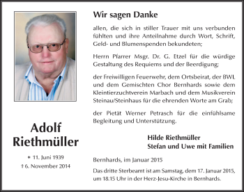 Traueranzeige von Adolf Riethmüller 