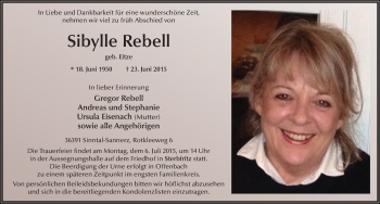 Traueranzeige von Sibylle Rebell 