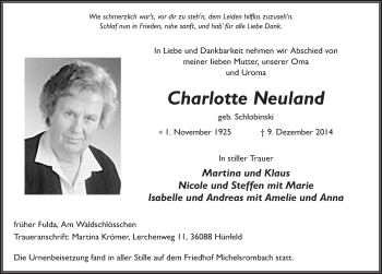 Traueranzeige von Charlotte Neuland 