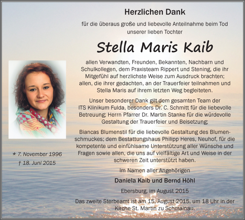  Traueranzeige für Stella Maris Kaib vom 14.08.2015 aus 