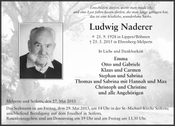 Traueranzeige von Ludwig Naderer 