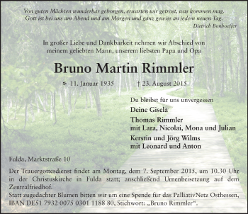 Traueranzeige von Bruno Martin Rimmler 