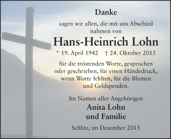 Traueranzeige von Hans-Heinrich Lohn 