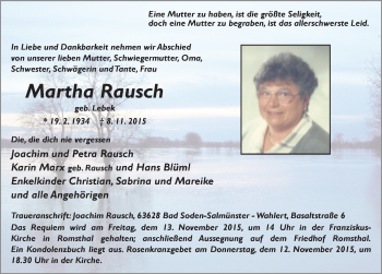 Traueranzeige von Martha Rausch 