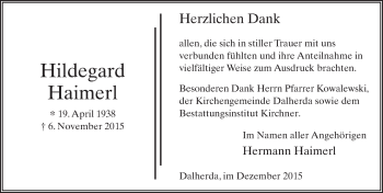 Traueranzeige von Hildegard Haimerl 