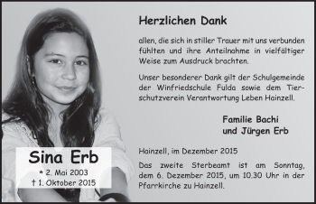 Traueranzeige von Sina Erb 