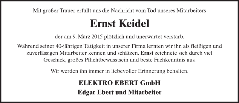  Traueranzeige für Ernst Keidel vom 17.03.2015 aus 