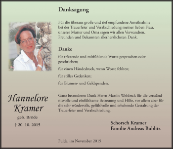 Traueranzeige von Hannelore Kramer 