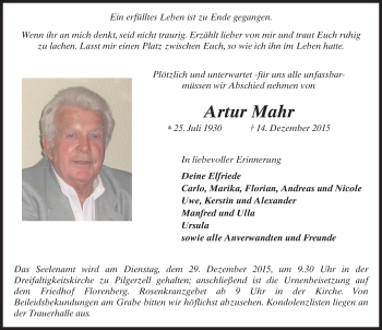 Traueranzeige von Artur Mahr 