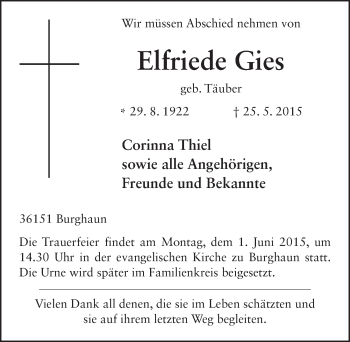 Traueranzeige von Elfriede Gies 