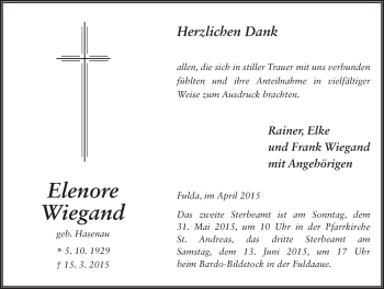 Traueranzeige von Elenore Wiegand 