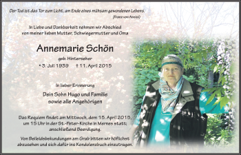 Traueranzeige von Annemarie Schön 