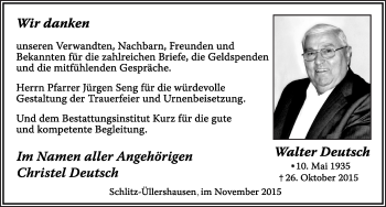 Traueranzeige von Walter Deutsch 