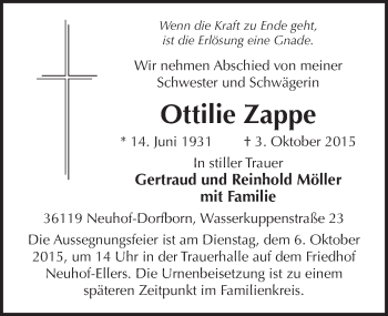 Traueranzeige von Ottilie Zappe 