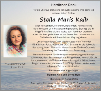 Traueranzeige von Stella Maris Kaib 