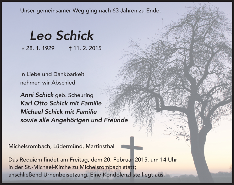  Traueranzeige für Leo Schick vom 17.02.2015 aus 