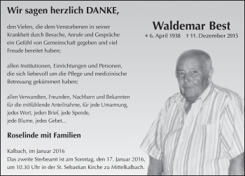 Traueranzeige von Waldemar Best 