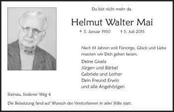 Traueranzeige von Helmut Walter Mai 
