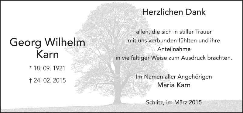  Traueranzeige für Georg Wilhelm Karn vom 28.03.2015 aus 