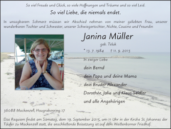 Traueranzeige von Janina Müller 